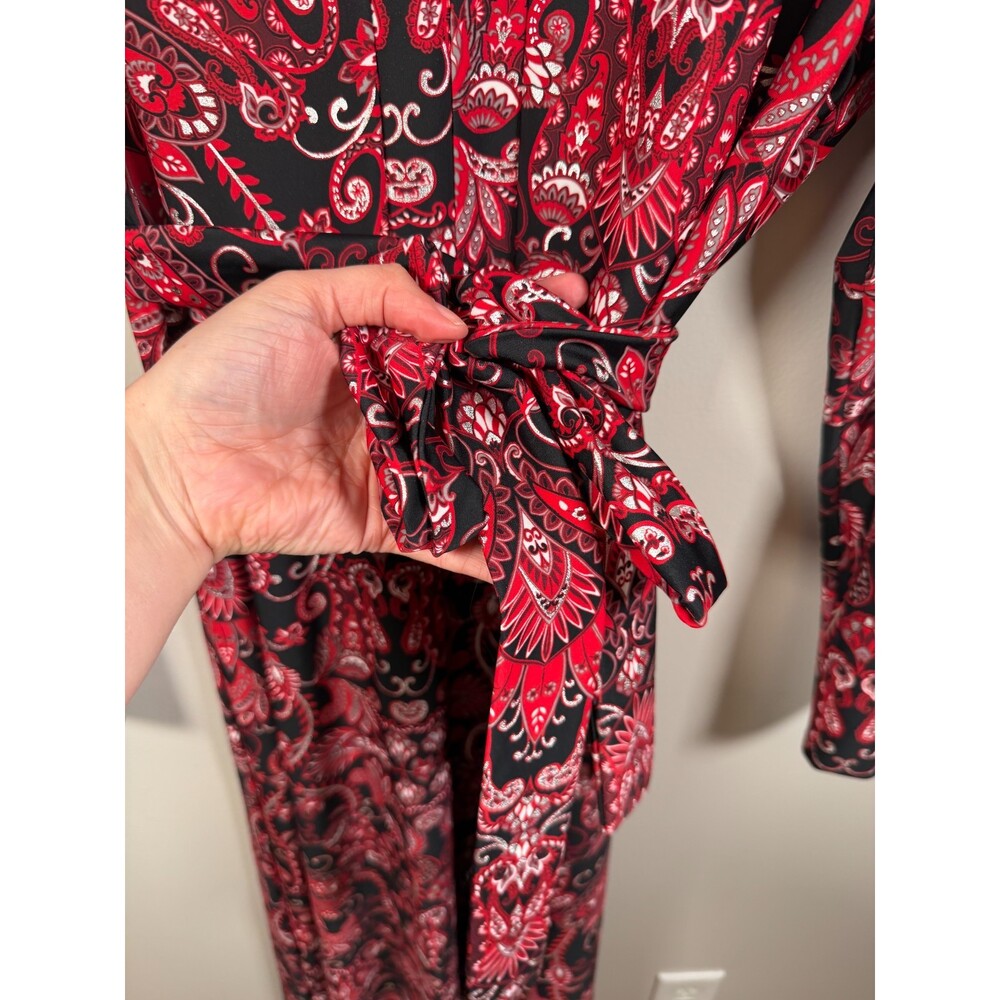 Jude Connally Delphine Midi Dress Size Medium Paisley Amore Red Silver Belted - Picture 7 of 10